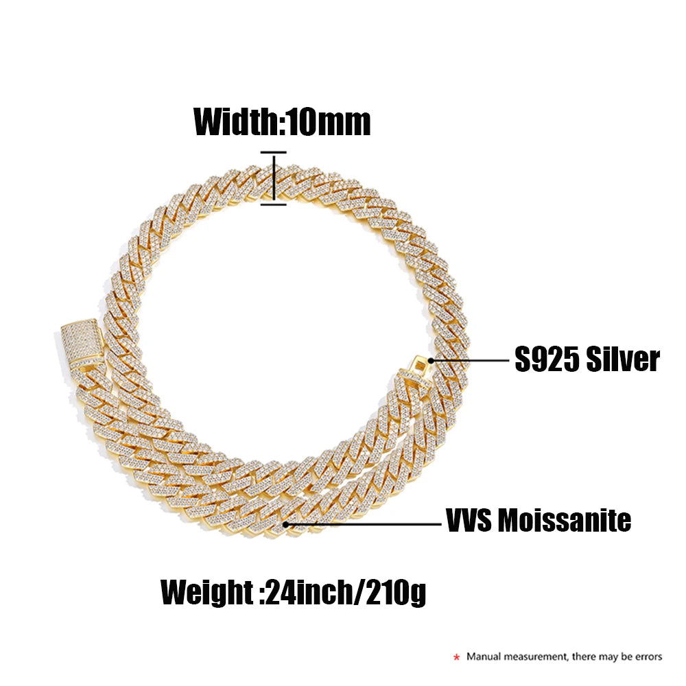 10mm VVS Moissanite Cuban Chain Necklaces Real Diamond S925 Silver Square Choker Pass Diamond Test Iced Out Necklaces For Women