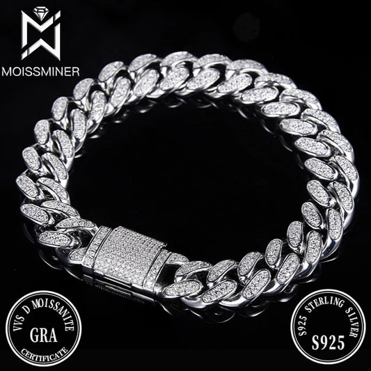 12mm Moissanite Cuban Link Chain Bracelets Necklaces S925 Silver Diamond Miami Chain For Women High-End Jewelry Pass Tester