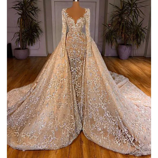 2023 Luxurious Mermaid Wedding Dress Beading Appliques With Detachable Train Evening Prom Gown Shiny Long Sleeves Robe De Soirée
