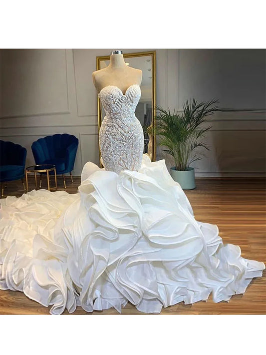 2024 Elegant Mermaid Wedding Dress Sweetheart Lace Appliques Beading Ruffle Satin Wedding Long Gown Robe De mariée