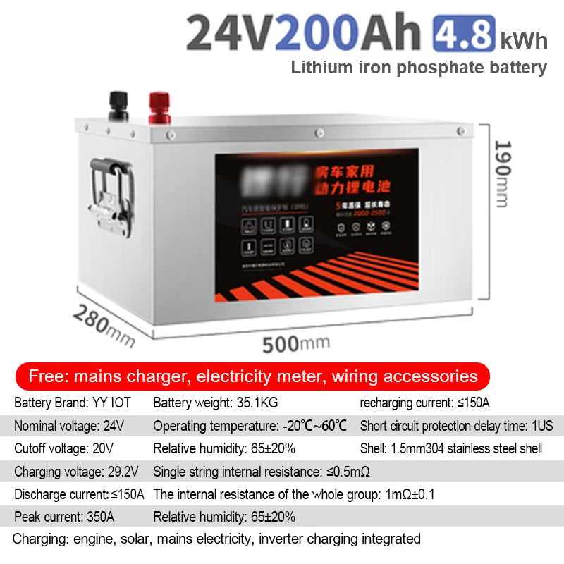 24V RV LiFePo4 Lithium Battery Outdoor Large Capacity 100AH 200AH 300AH 400AH 500AH 600AH 800AH Solar Charging