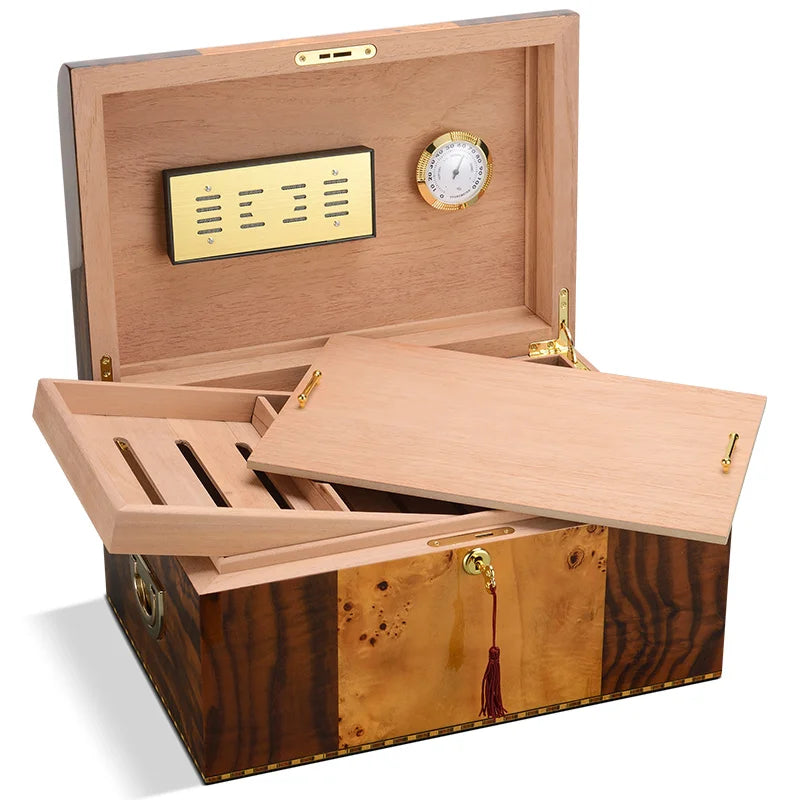 365x250x190mm Cedar Wood Cigar Humidor Professional Capacity 100 Cigarettes Case Double Layer Piano Paint Cigar Cabinet Cool Box