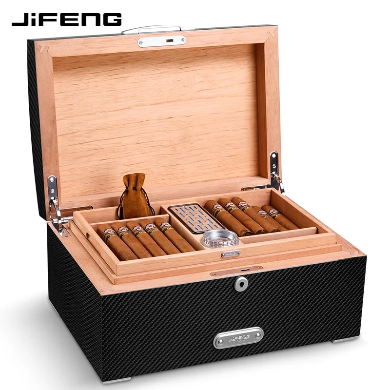 410x280x200mm Cedar Wood Cigar Humidor JIFENG Large-Capacity 120 Cigar Case Professional Carbon Fiber Multi-Zone Storage Box