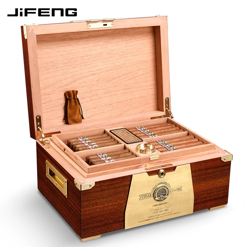 450x320x210mm Cedar Wood Cigar Humidor JIFENG Large-Capacity 150 Cigar Case Professional Solid Wood Paint 2-Layer Storage Box
