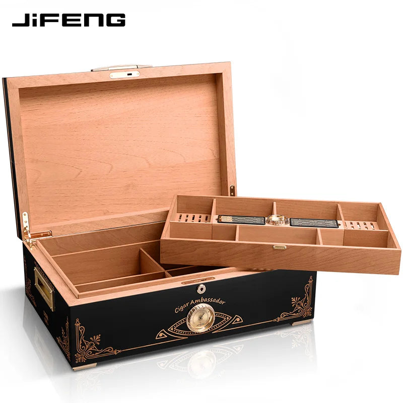 600x400x210mm Cedar Wood Cigar Humidor JIFENG Large-Capacity 250 Cigar Case Professional PianoPaint 2Layer Cigar Storage Cabinet