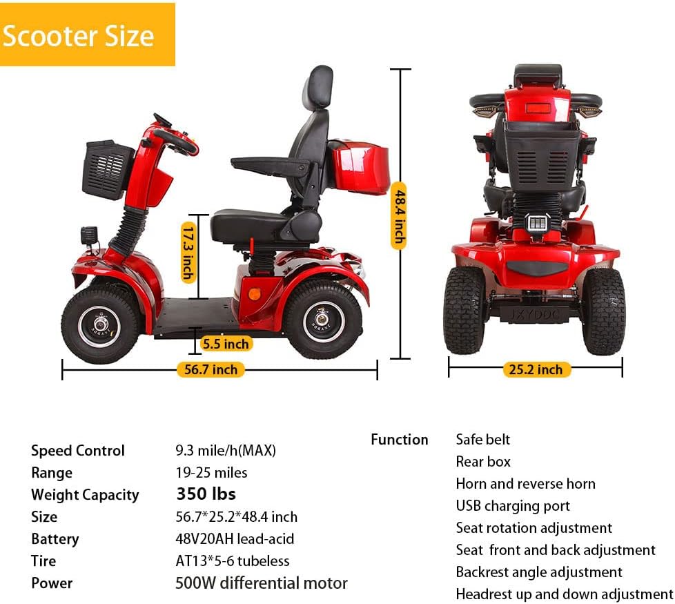 Xmatch Mobility Scooters for Adults & Seniors, Heavy Duty 4-Wheel Medical Electric Powered Wheelchair Device, Elderly-Rear Box 360 Degree Adjustable Seat (Red)