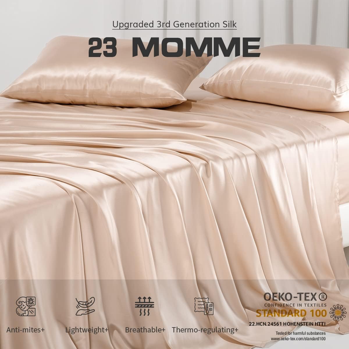 23 Momme California King Silk Sheets Set 4 Pieces, Includes Flat Sheet, Fitted Sheet and 2pcs Pillowcases, 4pcs Mulberry Silk Sheet Set for Cal King Bed (Champagne, California King)