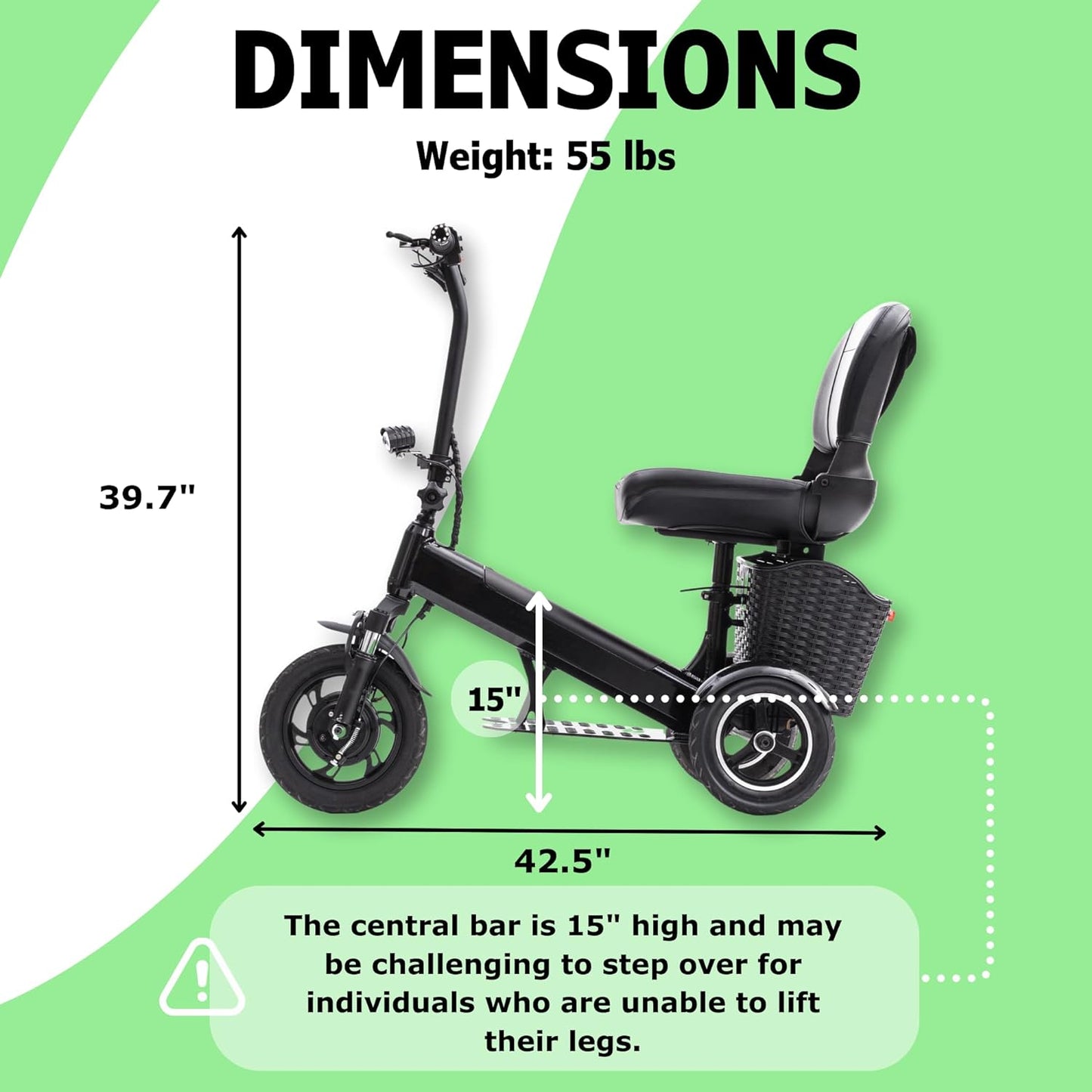 MobiliGo - 3 Wheel Foldable Electric Mobility Scooters for Adults, Seniors, and Elderly - Folding Scooter Lightweight - Long Range Travel, Power Extended Battery with Charger and Basket Included