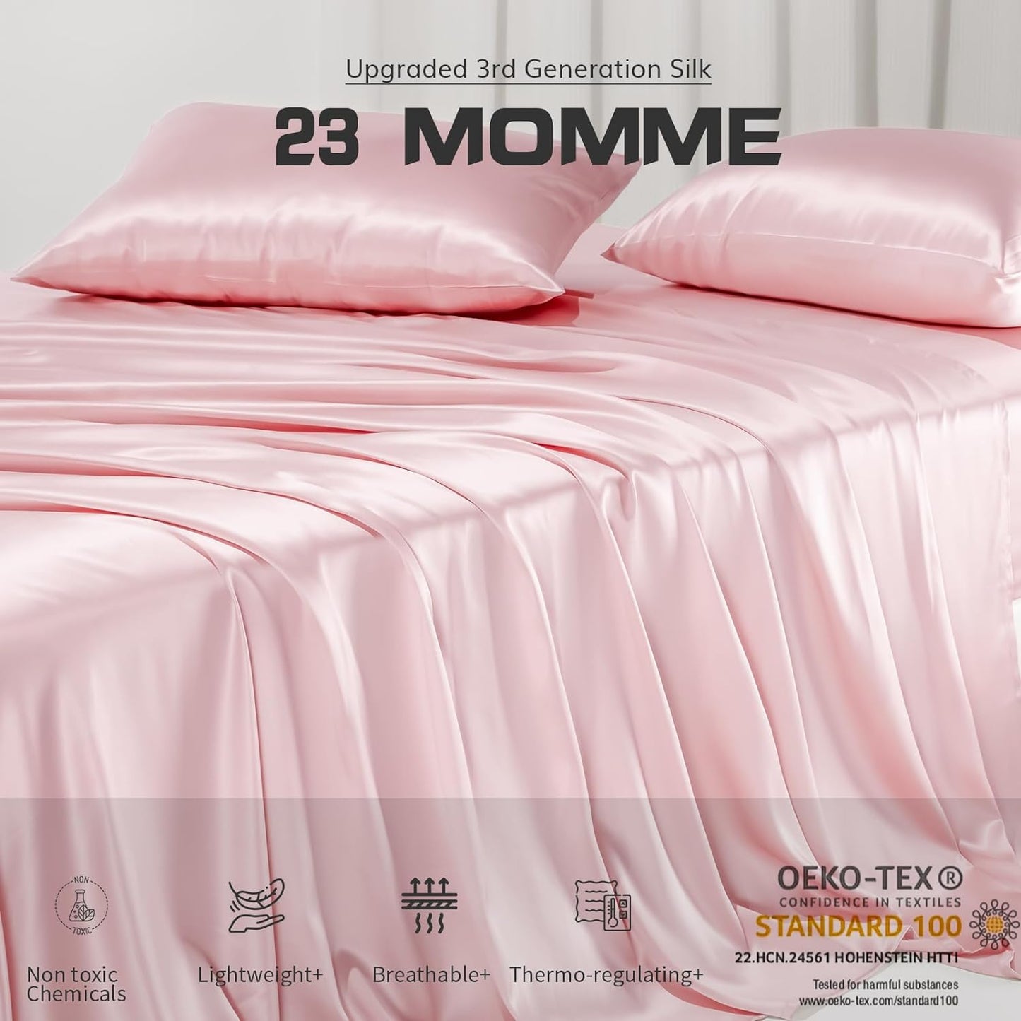 23 Momme Pink Silk Sheets King Size Set 4 Pieces, 100% Grade 6A+ Mulbery Silk Bed Sheets Sets with Fitted Sheet, Top Sheet and Pillowcases, Free Laundry Bag (Pink, King)