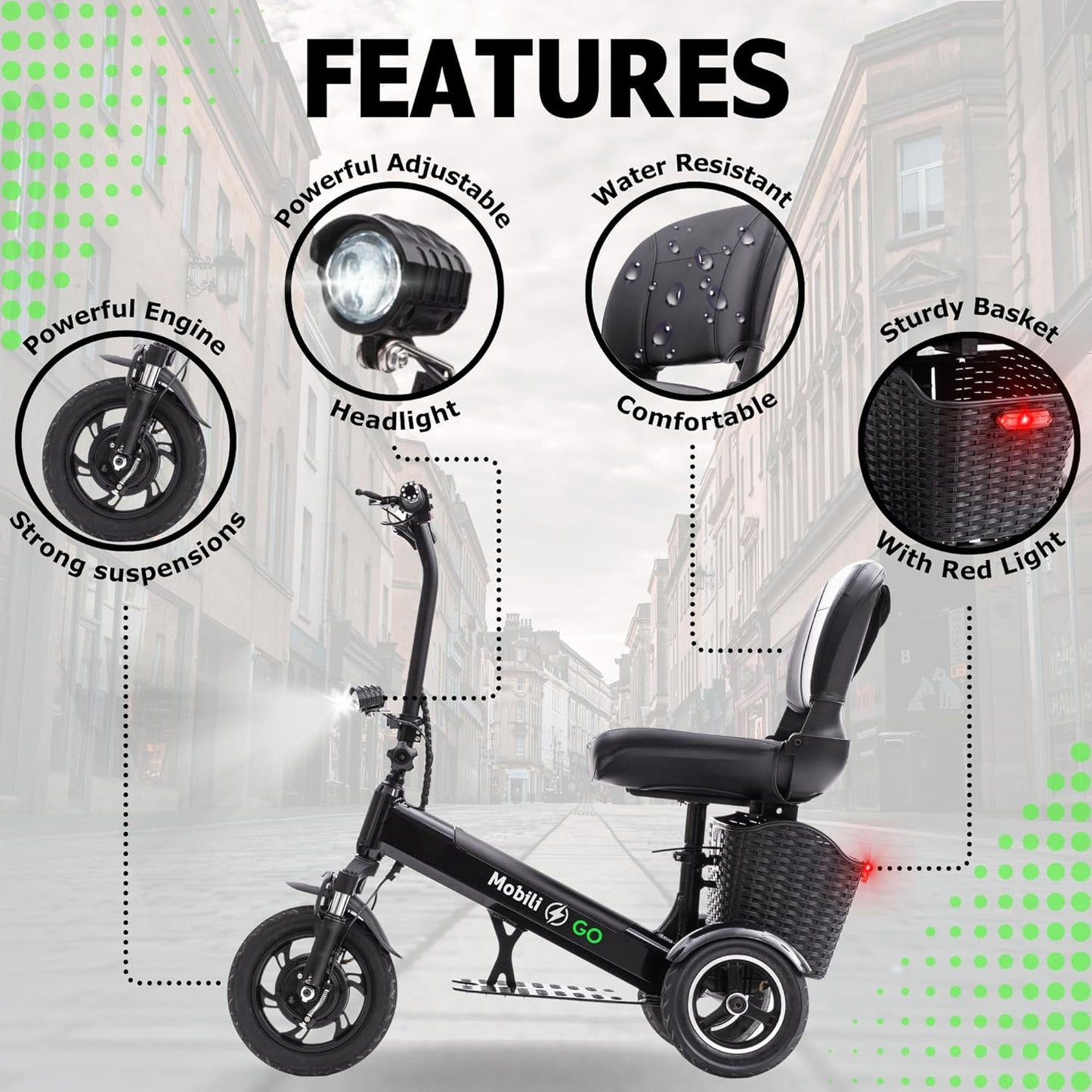 MobiliGo - 3 Wheel Foldable Electric Mobility Scooters for Adults, Seniors, and Elderly - Folding Scooter Lightweight - Long Range Travel, Power Extended Battery with Charger and Basket Included