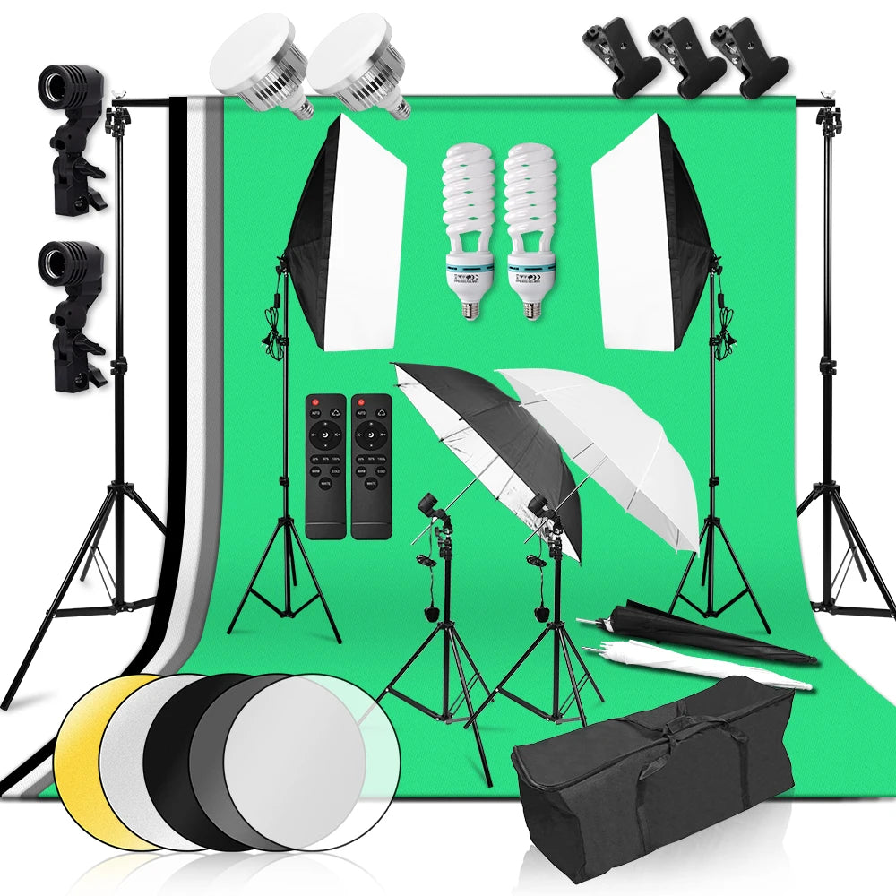 85W E27 3200K-5500K Dimmable LED Photography Light 50x70cm Softbox Umbrella Professional Studio Equipment 2x3m Background Frame