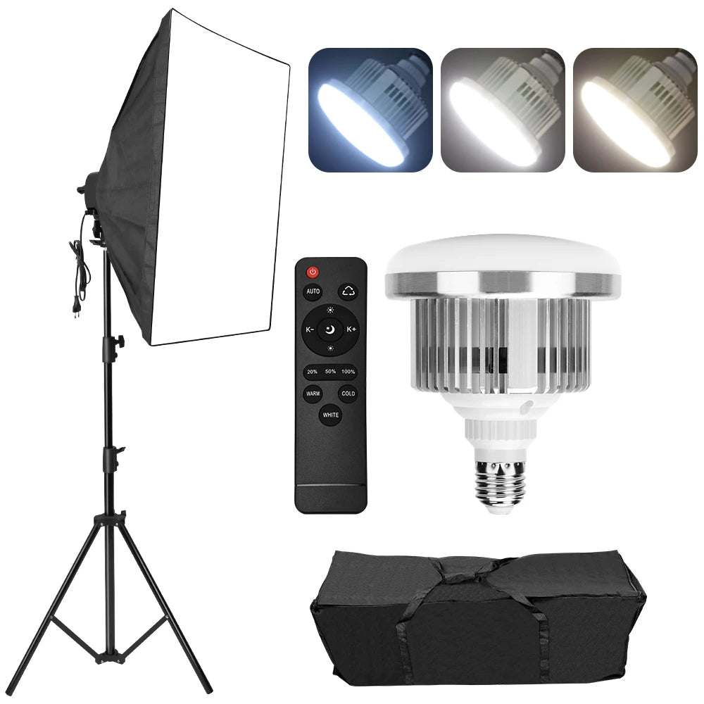 85W E27 3200K-5500K Dimmable LED Photography Light 50x70cm Softbox Umbrella Professional Studio Equipment 2x3m Background Frame