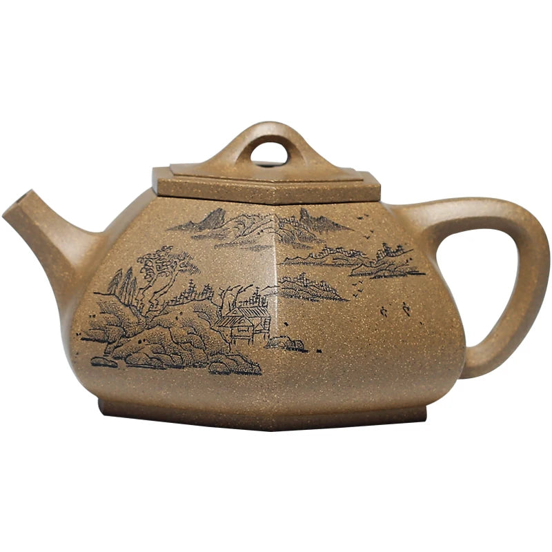 |A clay Yixing famous purple clay teapot craftsman's sketch square pot non ceramic household tea brewing set