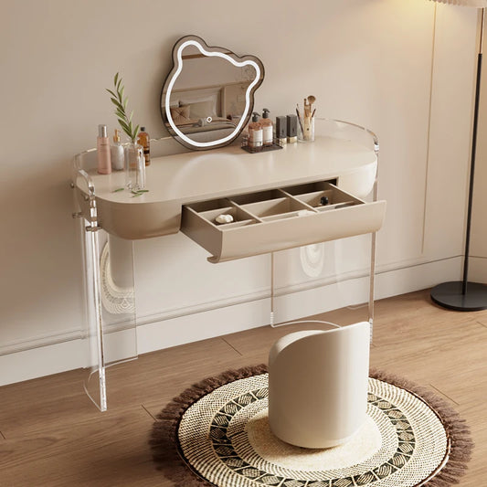 Acrylic minimalist cream style large round mirror small-sized makeup table