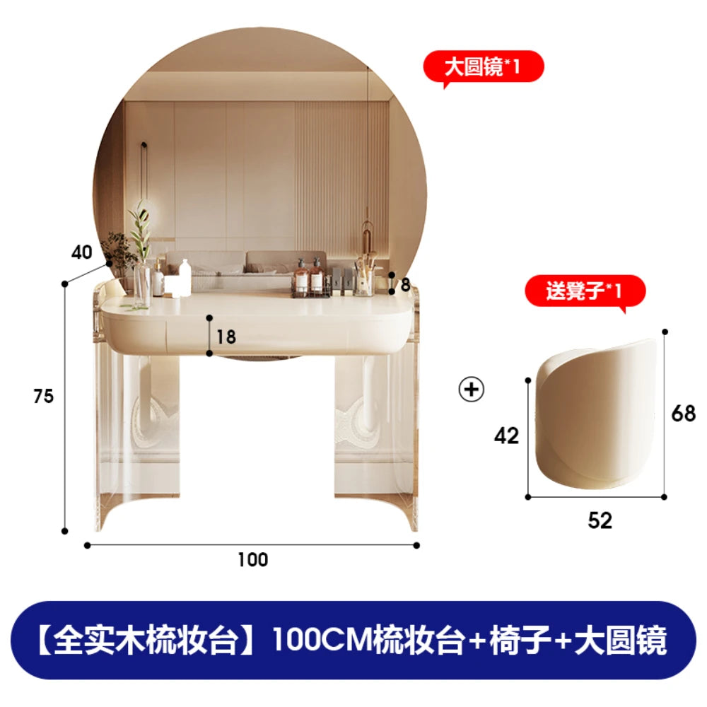 Acrylic minimalist cream style large round mirror small-sized makeup table