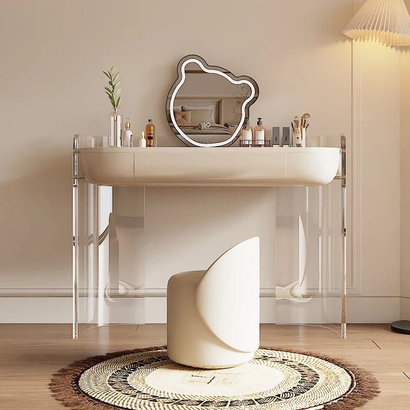 Acrylic minimalist cream style large round mirror small-sized makeup table