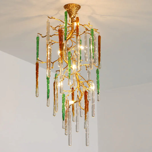All copper postmodern light luxury crystal tree branch chandelier creative villa living room staircase luxury chandelier