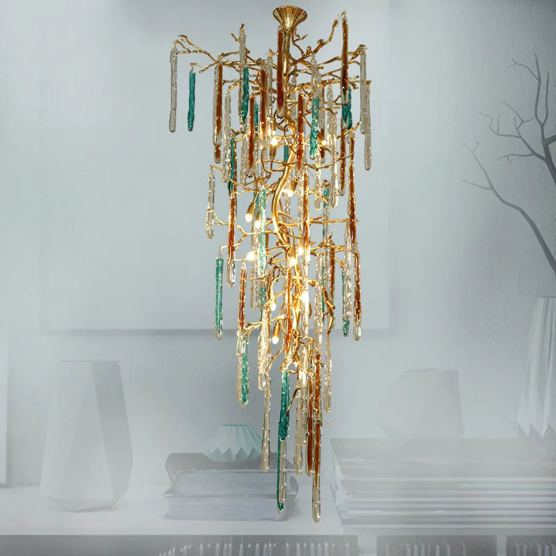 All copper postmodern light luxury crystal tree branch chandelier creative villa living room staircase luxury chandelier