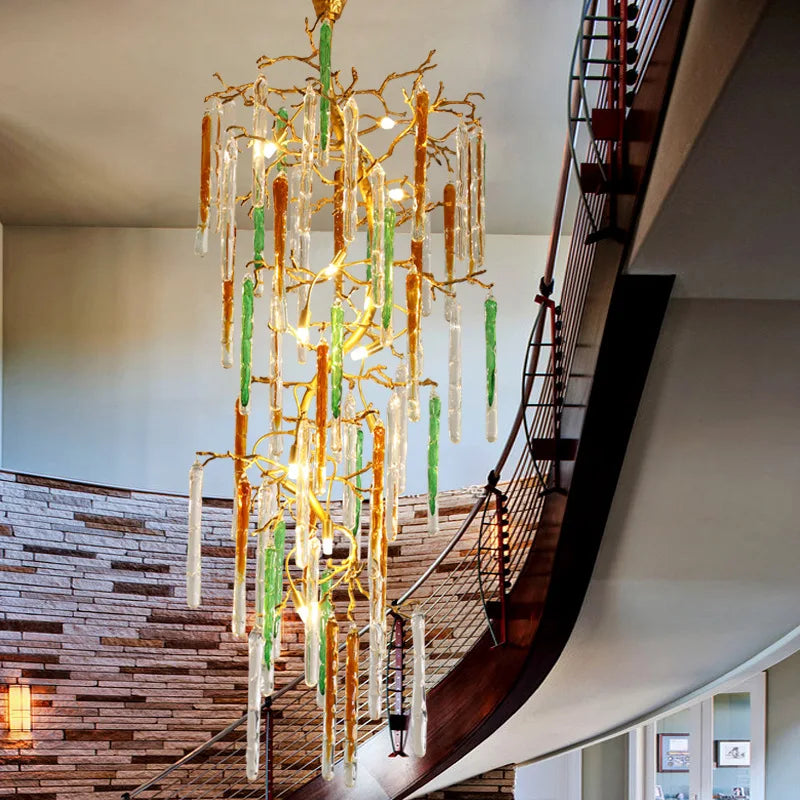 All copper postmodern light luxury crystal tree branch chandelier creative villa living room staircase luxury chandelier