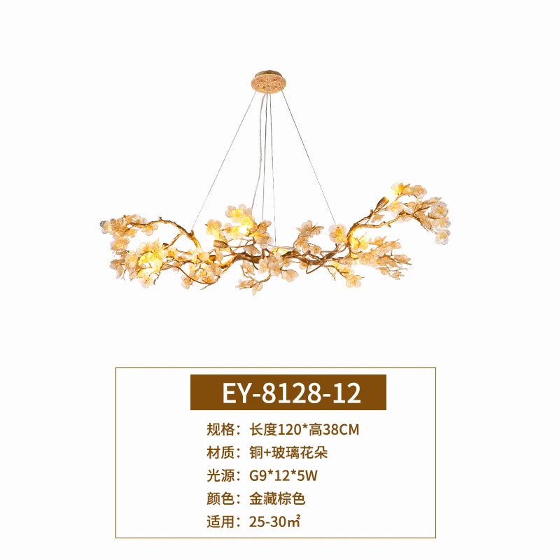 American Light Luxury Copper Chandelier Retro Zen Dining-Room Lamp Glass Flower Villa Tea Room Art Lamps