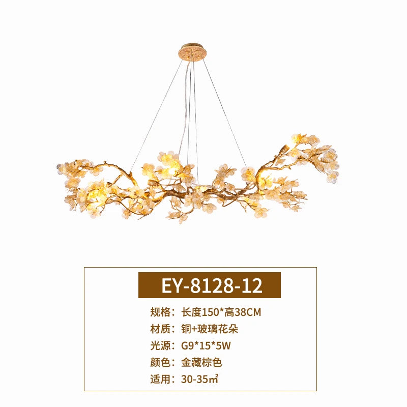 American Light Luxury Copper Chandelier Retro Zen Dining-Room Lamp Glass Flower Villa Tea Room Art Lamps