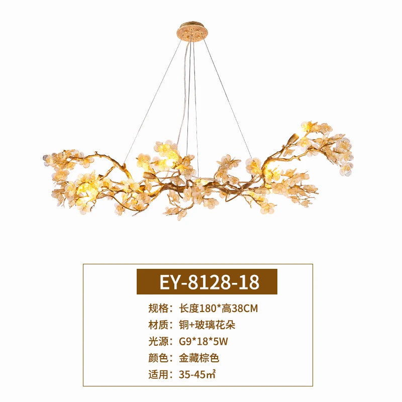 American Light Luxury Copper Chandelier Retro Zen Dining-Room Lamp Glass Flower Villa Tea Room Art Lamps