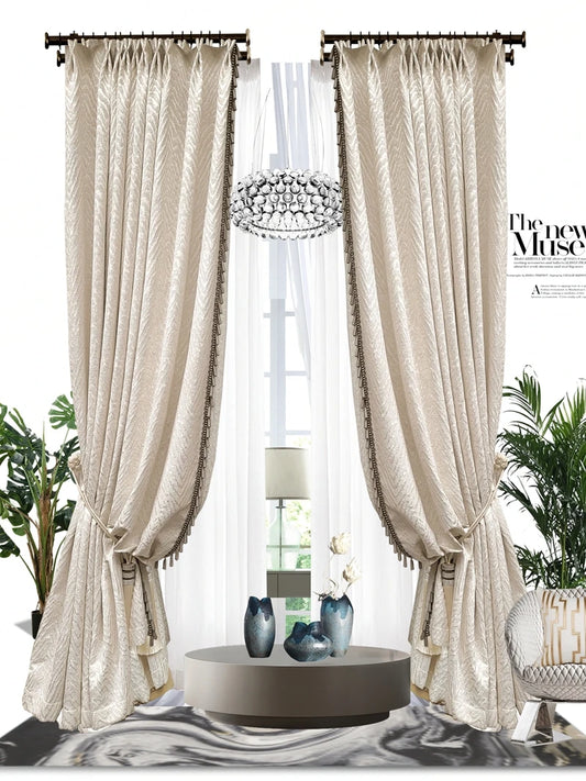 American Luxury Solid White Blackout Curtain for Living Room Bedroom Modern High-precision Thicken Curtain with tassle for Villa