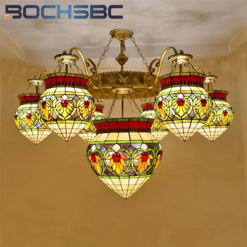 BOCHSBC Tiffany stained glass tulip pattern Baroque European chandelier Hotel Living room Bedroom light Restaurant Villa LEDdeco