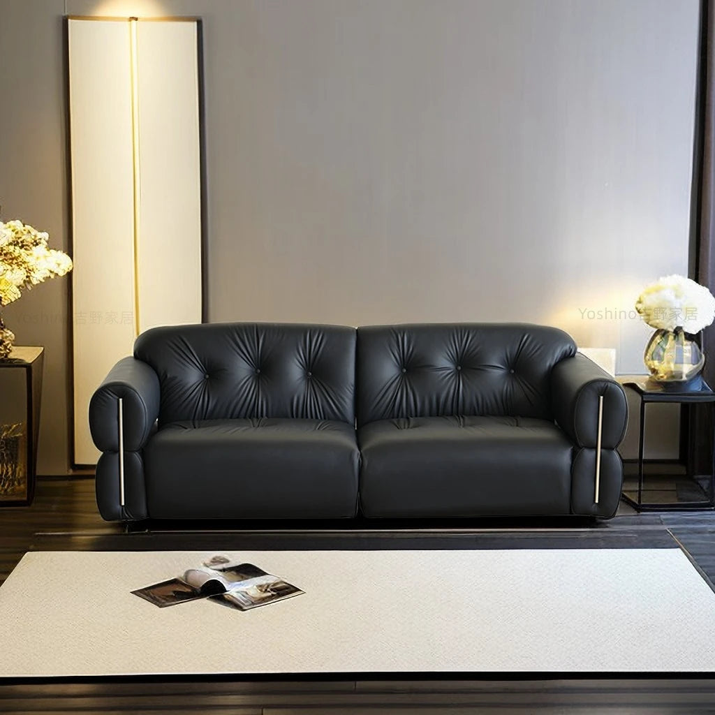 Black leather sofa small apartment living room big black cow