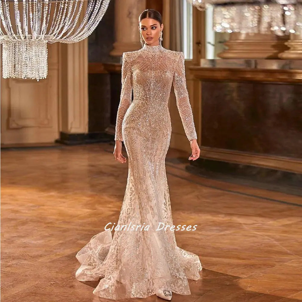 Champagne Long Sleeve Crystal Sequined Dubai Mermaid Wedding Dress Detachable Train Illusion High Neck Saudi Arabic Bridal Gowns