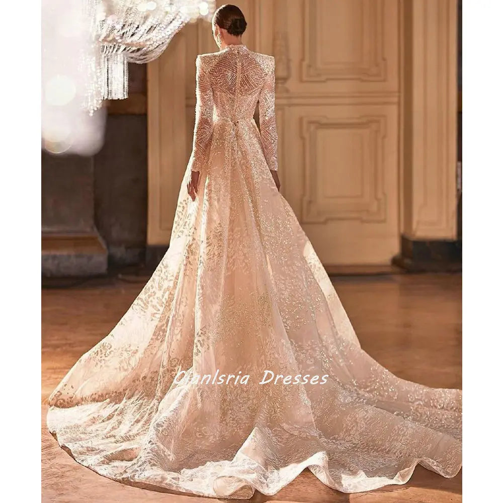 Champagne Long Sleeve Crystal Sequined Dubai Mermaid Wedding Dress Detachable Train Illusion High Neck Saudi Arabic Bridal Gowns