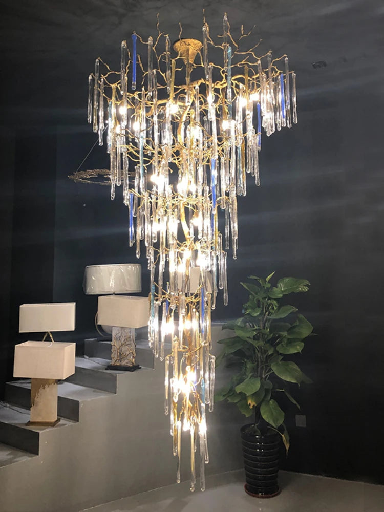 Chandelier Middle Floor Lobby Copper Crystal Lamp Custom Hotel Villa Living Room Lamps Stair Light