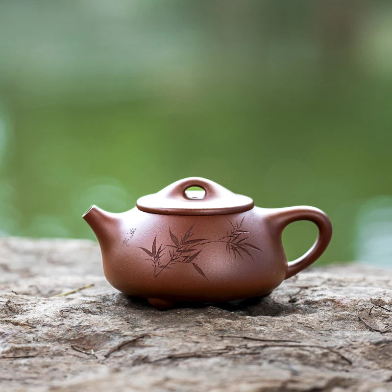 【 Changtao 】 Yixing Original Mine Purple Clay Pot Soaking Tea Pot, Yang Junbao Handmade Carved Bamboo Scenery Boat And Stone