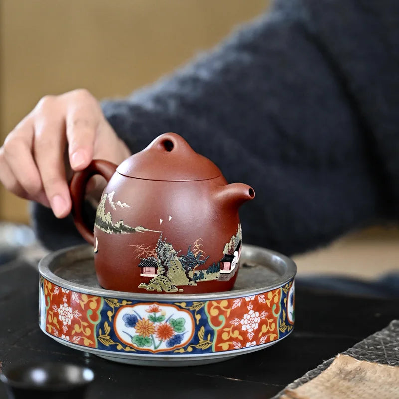 【 Changtao 】 Yixing Purple Clay Pot Fully Handmade Tea Mulberry And Jinzi Red Mud Painting Qin Quan 340cc