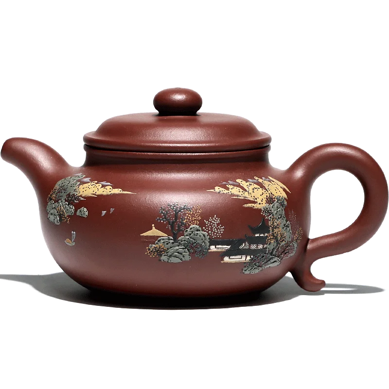 【 Changtao 】 Yixing Purple Clay Pot Fully Handmade Tea With Mulberry And Brocade Red Painting Antique 320cc