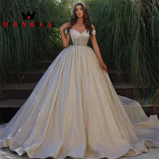 Charming Exquisite Sequined Lace Wedding Dress 2023 Backless Off the Shoulder Bridal Ball Gowns Custom Vestido De Noiva L91W