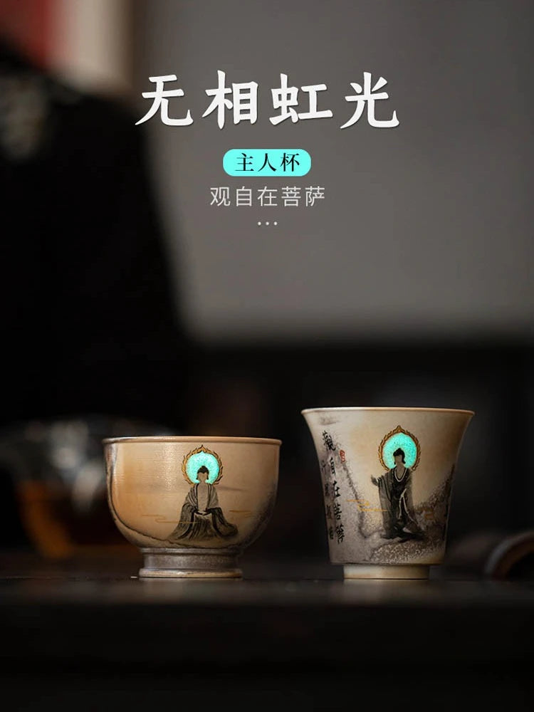 *Chinese Firewood Burning Hand-painted Dunhuang Cup Rock Mine Master Cup Luminous Kung Fu Teacup Tea Set Accessories