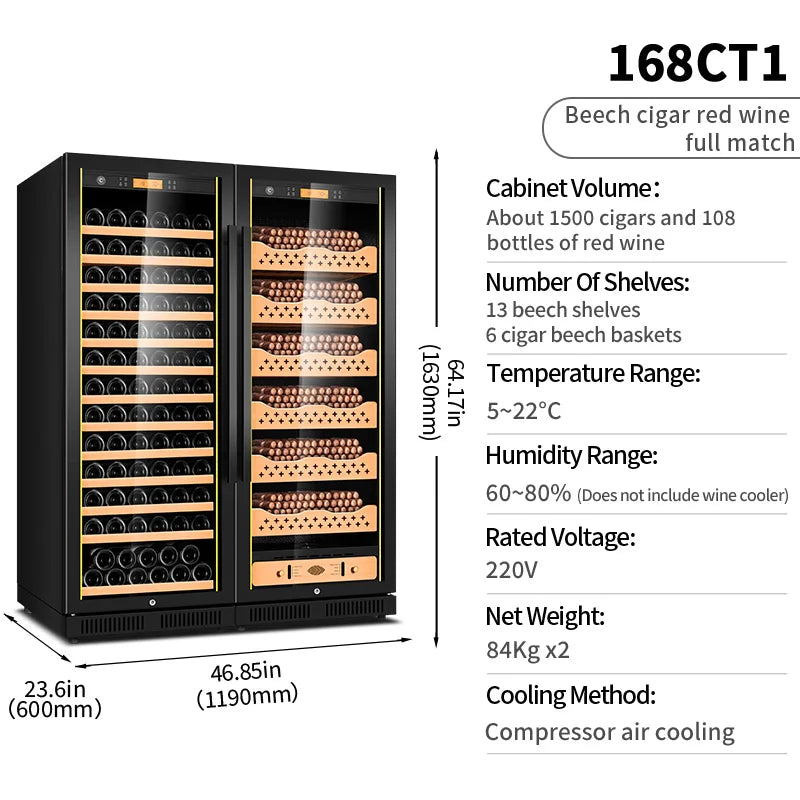 Cigar Cabinet Led Cigar Humidor Large Capacity Spanish Cedar Wood Luxury Cigar Cooler Constant Temperature and Humidity 168CT1