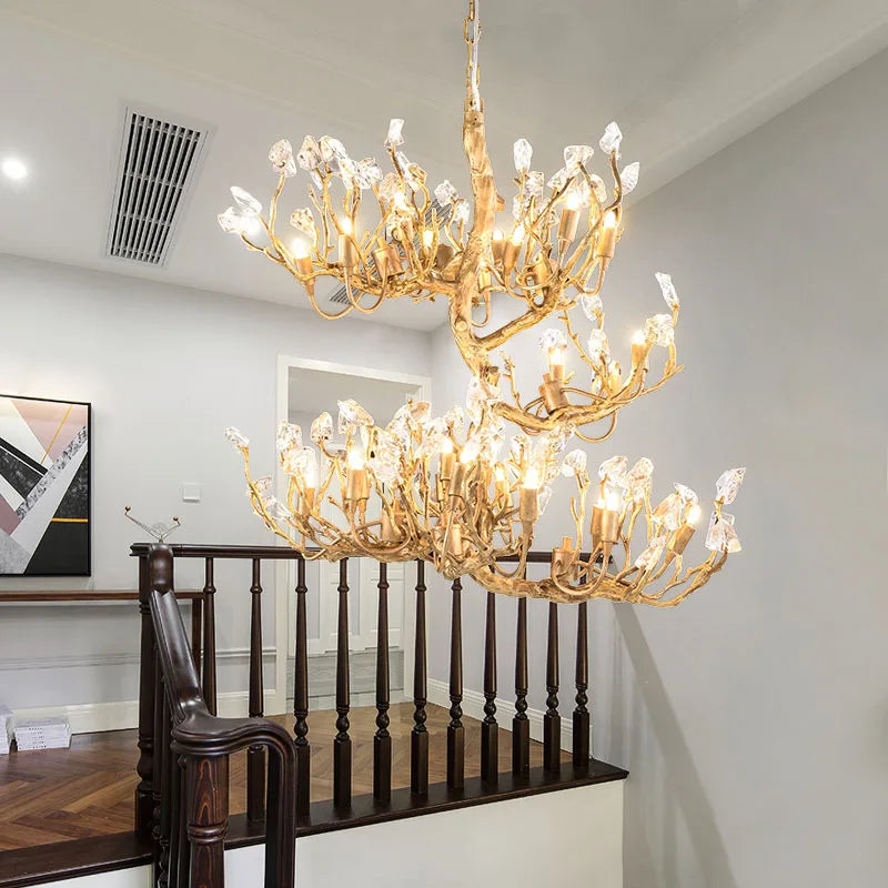 Creative Copper Tree Branches Chandelier for Living Room Bedroom Villa Hall Decorative Lighting Fixture Glass Kitchen Island