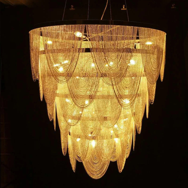 Custom Luxury Chain Chandelier Hotel Lobby Light Villa Decoration Headlights Gold Fringe Light Art Round Chandelier Dia110cm