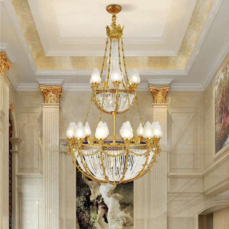 DINGFAN French Luxury Hall Crystal Chandelier Villa Living Room Full Copper Lamp European Style Hotel Lobby Pendent Light