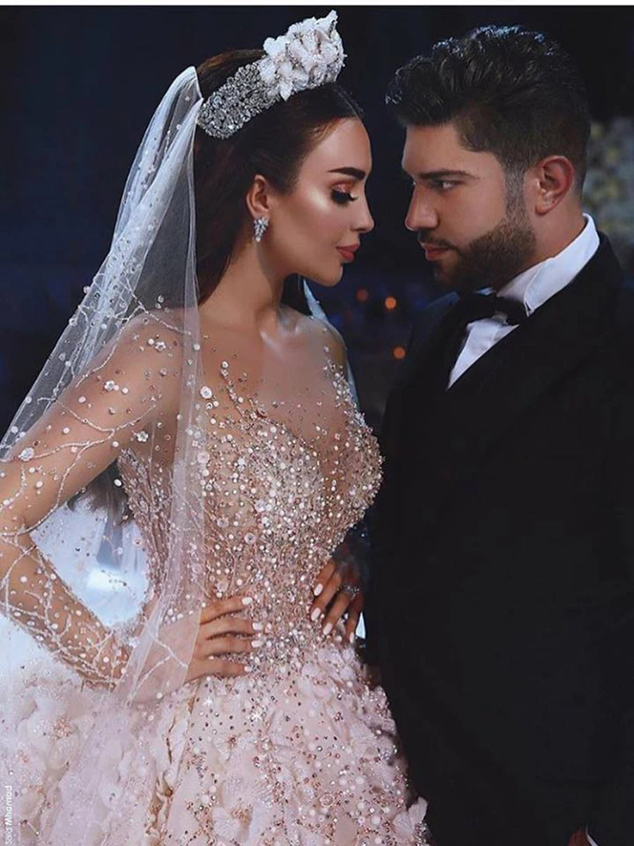Design Dubai Royal Long Sleeve Lace Applique Crystal Flowers Wedding Dress Luxury свадебное платье vestidos de novia