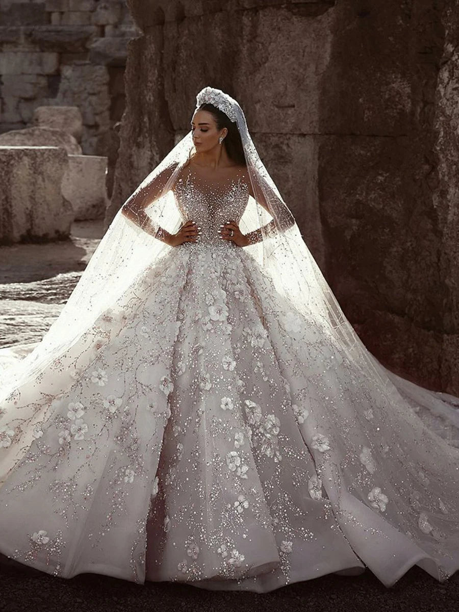 Design Dubai Royal Long Sleeve Lace Applique Crystal Flowers Wedding Dress Luxury свадебное платье vestidos de novia