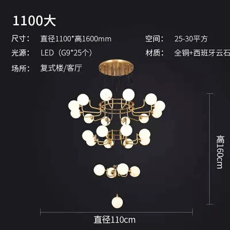 Double-storey marble chandelier Modern simple living room empty villa middle building light luxury copper staircase chandelier