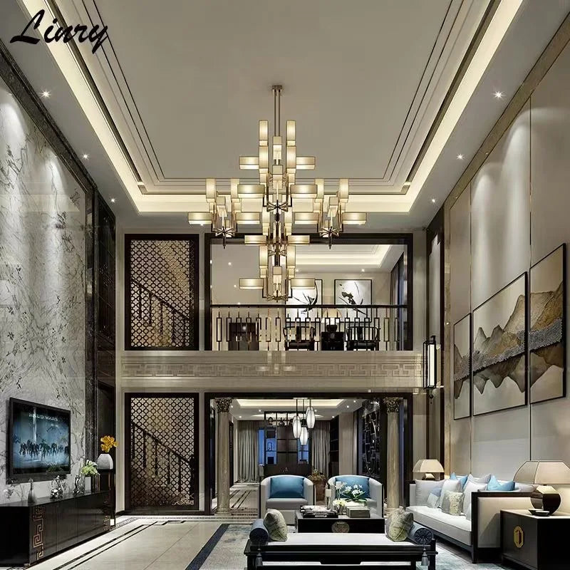 Double-story building, big chandelier, stairs, empty villa hall lights, non-standard engineering lamps, custom-made hotel lobby