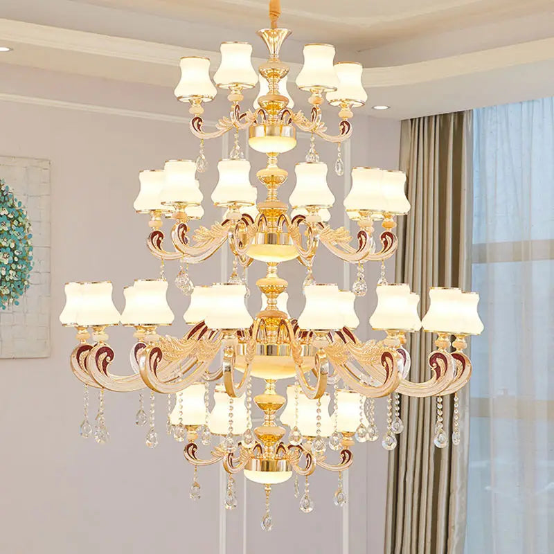 Duplex Building Large Chandelier Modern Villa Living Room Jade Chandelier Light Hotel Lobby Stair Long Gold Crystal Lamp Nordic