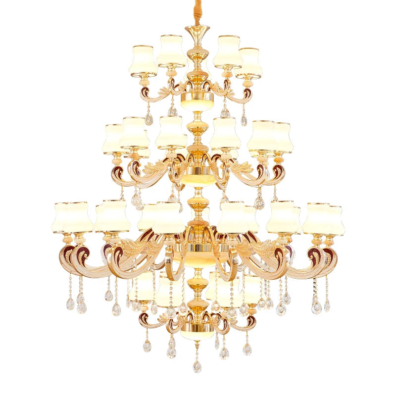 Duplex Building Large Chandelier Modern Villa Living Room Jade Chandelier Light Hotel Lobby Stair Long Gold Crystal Lamp Nordic