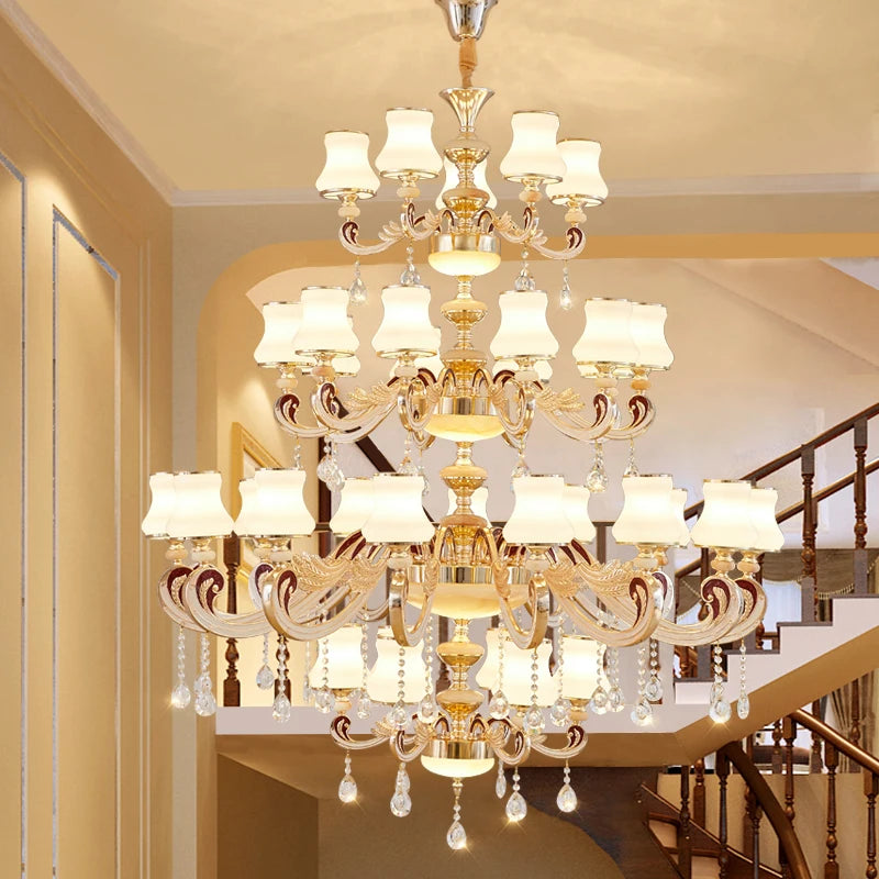 Duplex Building Large Chandelier Modern Villa Living Room Jade Chandelier Light Hotel Lobby Stair Long Gold Crystal Lamp Nordic