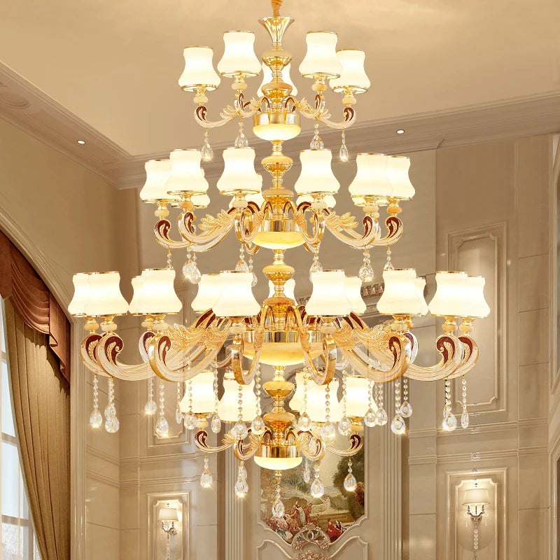 Duplex Building Large Chandelier Modern Villa Living Room Jade Chandelier Light Hotel Lobby Stair Long Gold Crystal Lamp Nordic