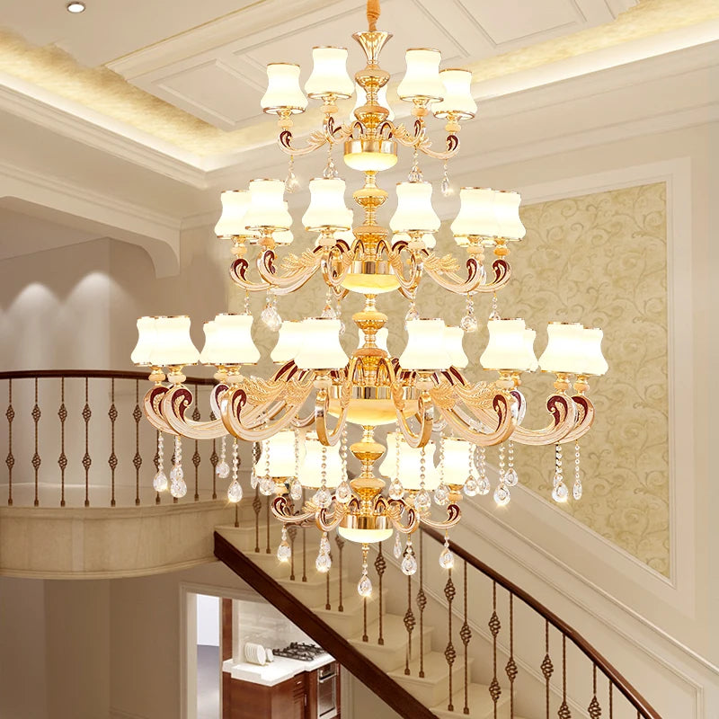 Duplex Building Large Chandelier Modern Villa Living Room Jade Chandelier Light Hotel Lobby Stair Long Gold Crystal Lamp Nordic